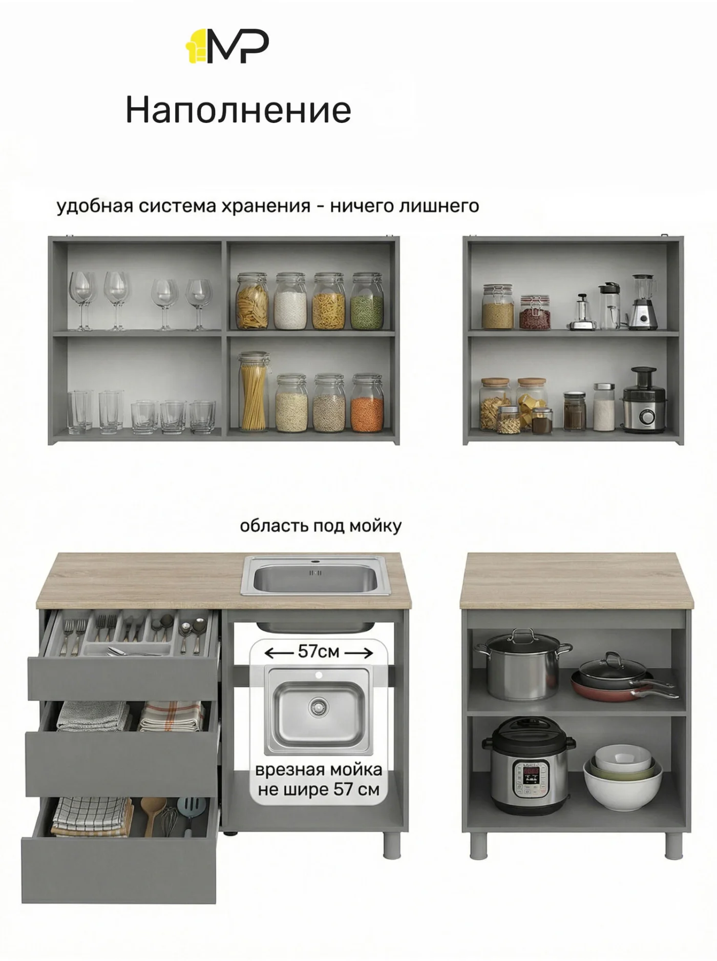 Кухонный гарнитур Денвер Эккервуд 2м серый графит/ дуб сонома со столешницей, ЛДСП